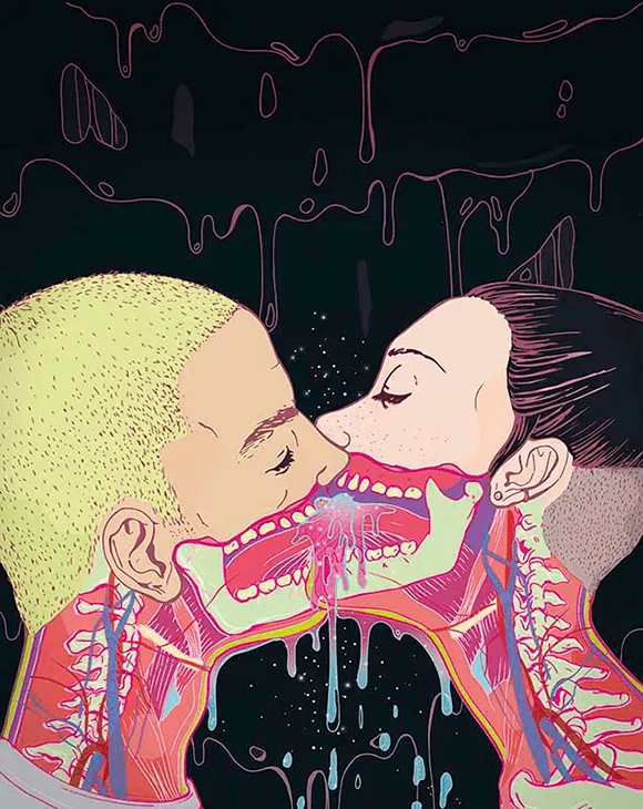 Two people kissing, with the inside of their throats and neck muscles shown, on a dripping black background, illustration for Playboy Netherlands