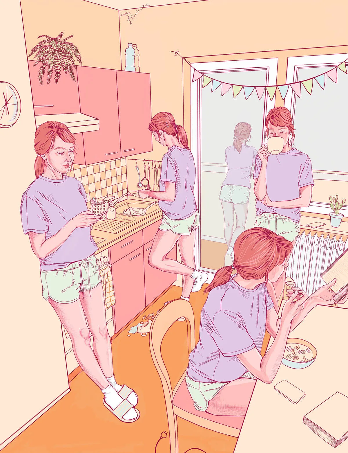 Quarantine illustration: one young woman shown several times in a small kitchen, washing up, reading and drinking coffee