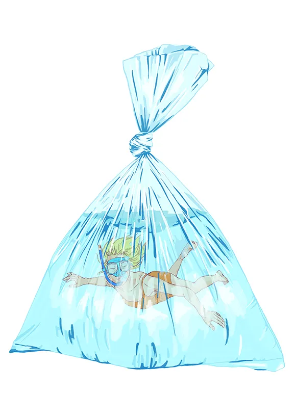 Snorkeller swimming inside a knotted plastic bag of water, illustration about keeping the sea plastic free